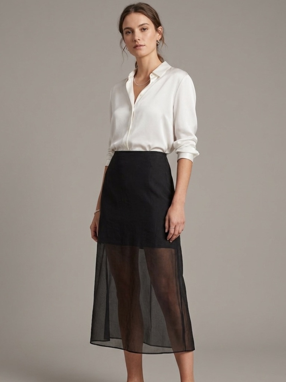 Commense Sz M Black Semi Sheer Midi Minimalist Skirt